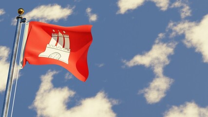 Hamburg 3D rendered realistic waving flag illustration on Flagpole. Isolated on sky background with space on the right side.