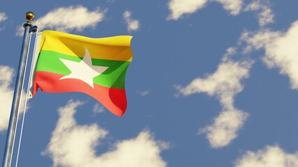 Myanmar 3D rendered realistic waving flag illustration on Flagpole. Isolated on sky background with space on the right side.
