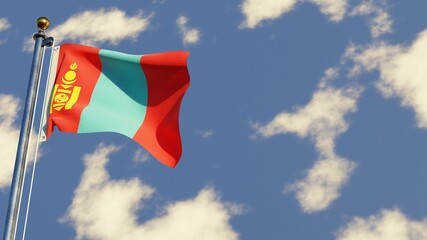 Mongolia 3D rendered realistic waving flag illustration on Flagpole. Isolated on sky background with space on the right side.