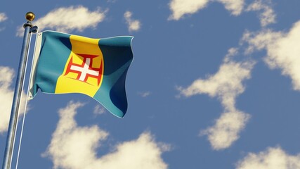 Madeira 3D rendered realistic waving flag illustration on Flagpole. Isolated on sky background with space on the right side.