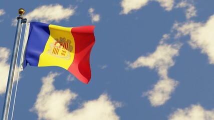 Andorra 3D rendered realistic waving flag illustration on Flagpole. Isolated on sky background with space on the right side.