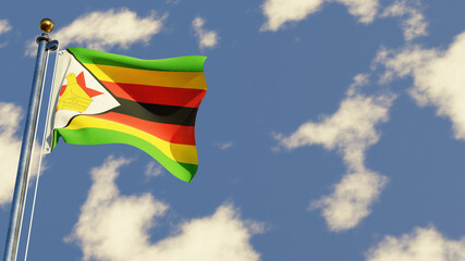 Zimbabwe 3D rendered realistic waving flag illustration on Flagpole. Isolated on sky background with space on the right side.