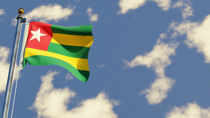 Togo 3D rendered realistic waving flag illustration on Flagpole. Isolated on sky background with space on the right side.