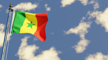 Senegal 3D rendered realistic waving flag illustration on Flagpole. Isolated on sky background with space on the right side.