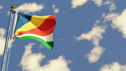 Seychelles 3D rendered realistic waving flag illustration on Flagpole. Isolated on sky background with space on the right side.