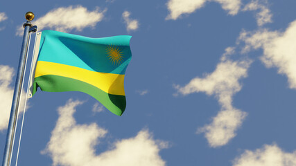 Rwanda 3D rendered realistic waving flag illustration on Flagpole. Isolated on sky background with space on the right side.