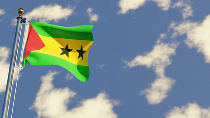 Sao Tome And Principe 3D rendered realistic waving flag illustration on Flagpole. Isolated on sky background with space on the right side.