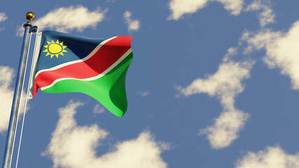 Namibia 3D rendered realistic waving flag illustration on Flagpole. Isolated on sky background with space on the right side.
