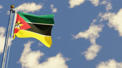 Mozambique 3D rendered realistic waving flag illustration on Flagpole. Isolated on sky background with space on the right side.