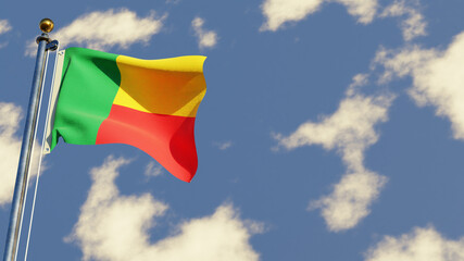Benin 3D rendered realistic waving flag illustration on Flagpole. Isolated on sky background with space on the right side.