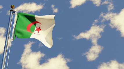 Algeria 3D rendered realistic waving flag illustration on Flagpole. Isolated on sky background with space on the right side.