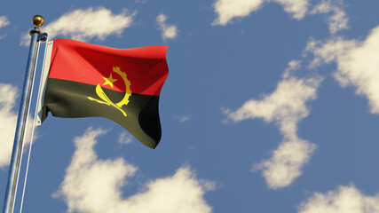 Angola 3D rendered realistic waving flag illustration on Flagpole. Isolated on sky background with space on the right side.