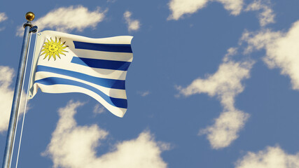 Uruguay 3D rendered realistic waving flag illustration on Flagpole. Isolated on sky background with space on the right side.