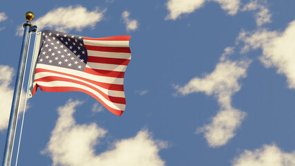 United States 3D rendered realistic waving flag illustration on Flagpole. Isolated on sky background with space on the right side.