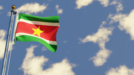 Suriname 3D rendered realistic waving flag illustration on Flagpole. Isolated on sky background with space on the right side.