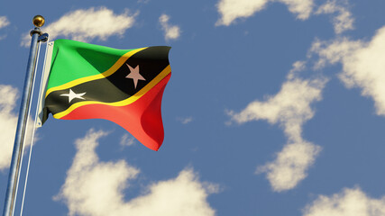 St. Kitts And Nevis 3D rendered realistic waving flag illustration on Flagpole. Isolated on sky background with space on the right side.