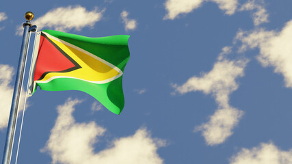 Guyana 3D rendered realistic waving flag illustration on Flagpole. Isolated on sky background with space on the right side.