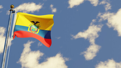 Ecuador 3D rendered realistic waving flag illustration on Flagpole. Isolated on sky background with space on the right side.