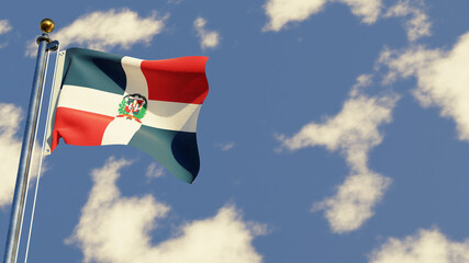 Dominica 3D rendered realistic waving flag illustration on Flagpole. Isolated on sky background with space on the right side.