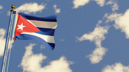 Cuba 3D rendered realistic waving flag illustration on Flagpole. Isolated on sky background with space on the right side.