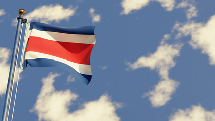 Costa Rica 3D rendered realistic waving flag illustration on Flagpole. Isolated on sky background with space on the right side.