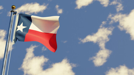 Texas 3D rendered realistic waving flag illustration on Flagpole. Isolated on sky background with space on the right side.