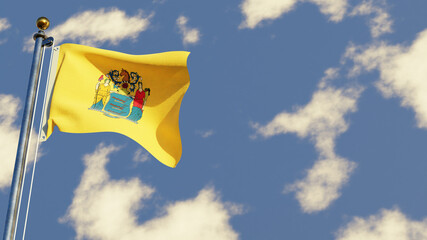 New Jersey 3D rendered realistic waving flag illustration on Flagpole. Isolated on sky background with space on the right side.