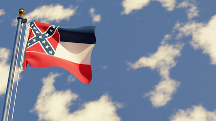 Mississippi 3D rendered realistic waving flag illustration on Flagpole. Isolated on sky background with space on the right side.