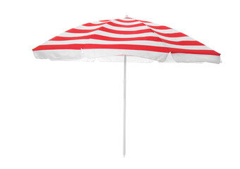 Open red striped beach umbrella isolated on white © New Africa