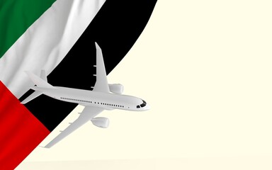 Flight by passenger airplane travel concept on the national country flag of United Arab Emirates geopolitics and tourism banner with copy space cut out ready 3d rendering image