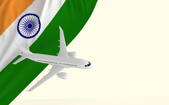 Flight By Passenger Airplane Travel Concept On The National Country Flag Of India Geopolitics And Tourism Banner With Copy Space Cut Out Ready 3d Rendering Image