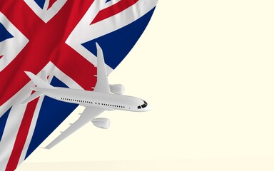 Flight by passenger airplane travel concept on the national country flag of United kingdom geopolitics and tourism banner with copy space cut out ready 3d rendering image