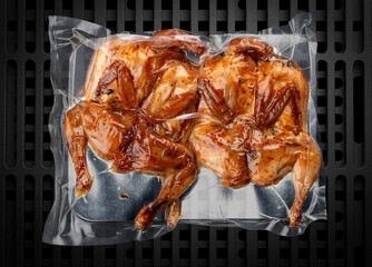 Vacuum-packed grilled meat, on a dark background, quail. Ready to eat.