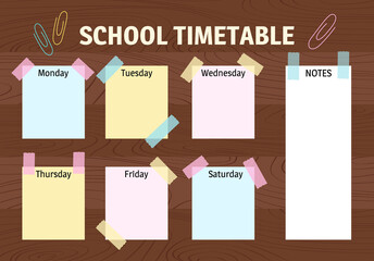 School schedule. Timetable for schoolers. Sticky notes with days of week on wooden table background. English language. Vector illustration