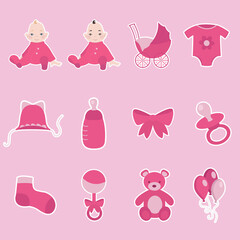 Clipart, a set of illustrations on the theme of newborns and babies. 12 objects. Children and the rest of the stuff. Vector graphic.	