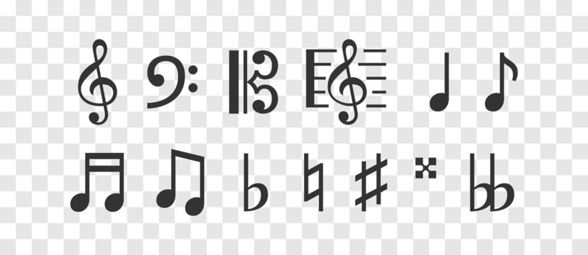 Music signs set. Note, key sharp and bimole isolated icons. Vector