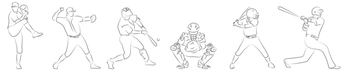 6 Konturen Zeichnungen Baseball Olympia 2021 Spieler Spielerinnen Vektor Grafik Lineart