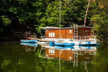 Obraz premium Small Houseboat on Lake Slapy, Bohemia, Czech Republic, Europe