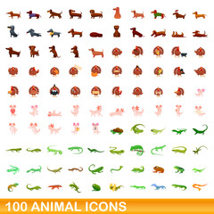 Obraz premium 100 animal icons set. Cartoon illustration of 100 animal icons vector set isolated on white background