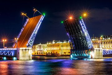 Naklejka na ściany i meble Open Palace bridge and Hermitage museum at night, Saint Petersburg, Russia