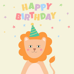 Birthday greeting card with cute lion and birthday hat. 