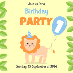 Birthday invitation card with cute lion and blue balloon. One year birthday party.