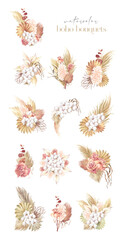 Beautiful watercolor boho bouquets with flowers on a white background.