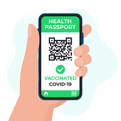 Hand holding smartphone display on mobile app with health passport, which indicates a vaccination against covid-19. Vector illustration in flat style