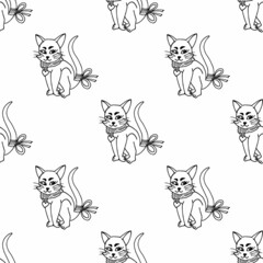 Seamless pattern with black-and-white sly cat. Vector image. Coloring book.