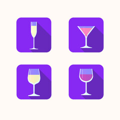 Flat icons of glasses with champagne, wine, martini