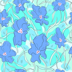 Seamless pattern with abstract flowers and leaves