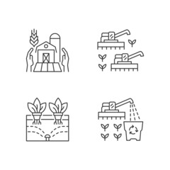 Agriculture and farming linear icons set. Ecological innovation, technology in farming. Farmers support. Customizable thin line contour symbols. Isolated vector outline illustrations. Editable stroke