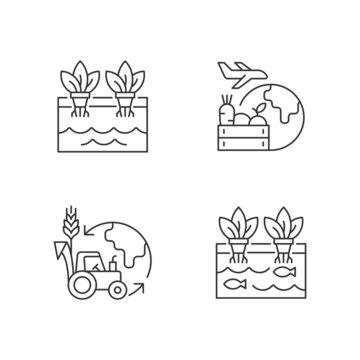 Environmental farming linear icons set. Plants growth without soil. Ecological sustainability. Customizable thin line contour symbols. Isolated vector outline illustrations. Editable stroke