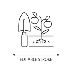 Cultivation linear icon. Soil preparation. Ground tillage. Growing plants and care. Thin line customizable illustration. Contour symbol. Vector isolated outline drawing. Editable stroke